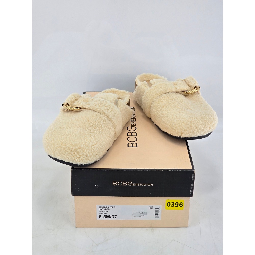BCBGeneration Haisley-2 Mules Womens 6.5 Natural Faux Shearling Buckle - New
